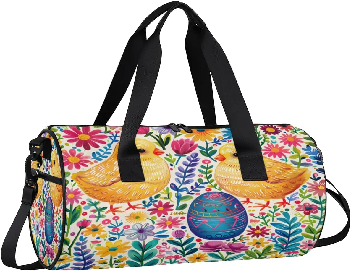 Egg Chicken Flower Travel Gym Bag Waterproof Sport Dance Bag for Women Men Portable Gymnastics Duffel Bags Canvas Tote Carry on Handbag for Workout Overnight Weekender