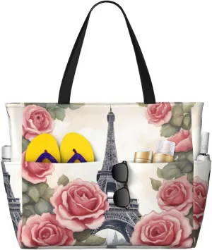 Eiffel Tower Rose Flower Print Large Capacity Beach Travel Bag with Zipper and Pockets for Camping Travel Gym