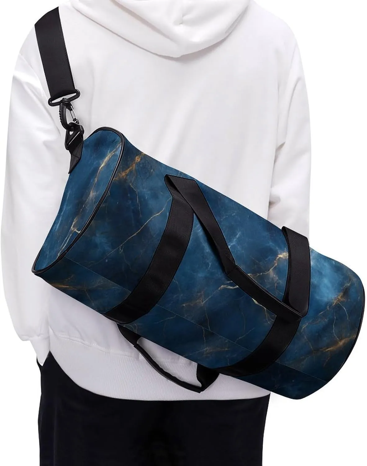 Elegant Blue Marble Textures Travel Gym Bag for Women Men Cylindrical Duffle Bag Sport Workout Bag with Shoulder Strap