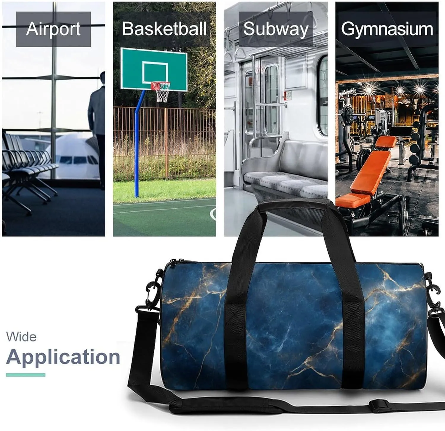 Elegant Blue Marble Textures Travel Gym Bag for Women Men Cylindrical Duffle Bag Sport Workout Bag with Shoulder Strap