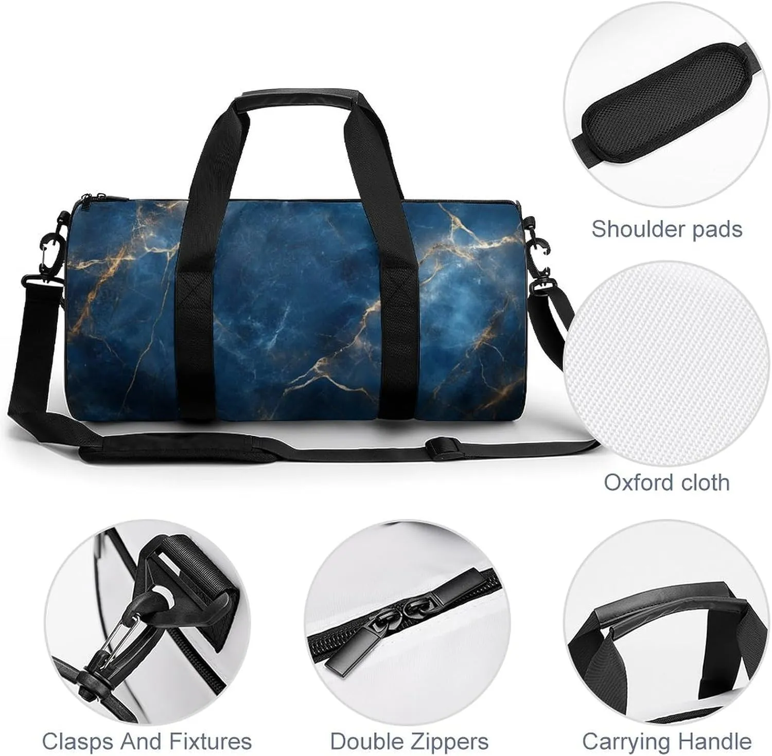 Elegant Blue Marble Textures Travel Gym Bag for Women Men Cylindrical Duffle Bag Sport Workout Bag with Shoulder Strap