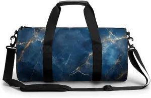 Elegant Blue Marble Textures Travel Gym Bag for Women Men Cylindrical Duffle Bag Sport Workout Bag with Shoulder Strap