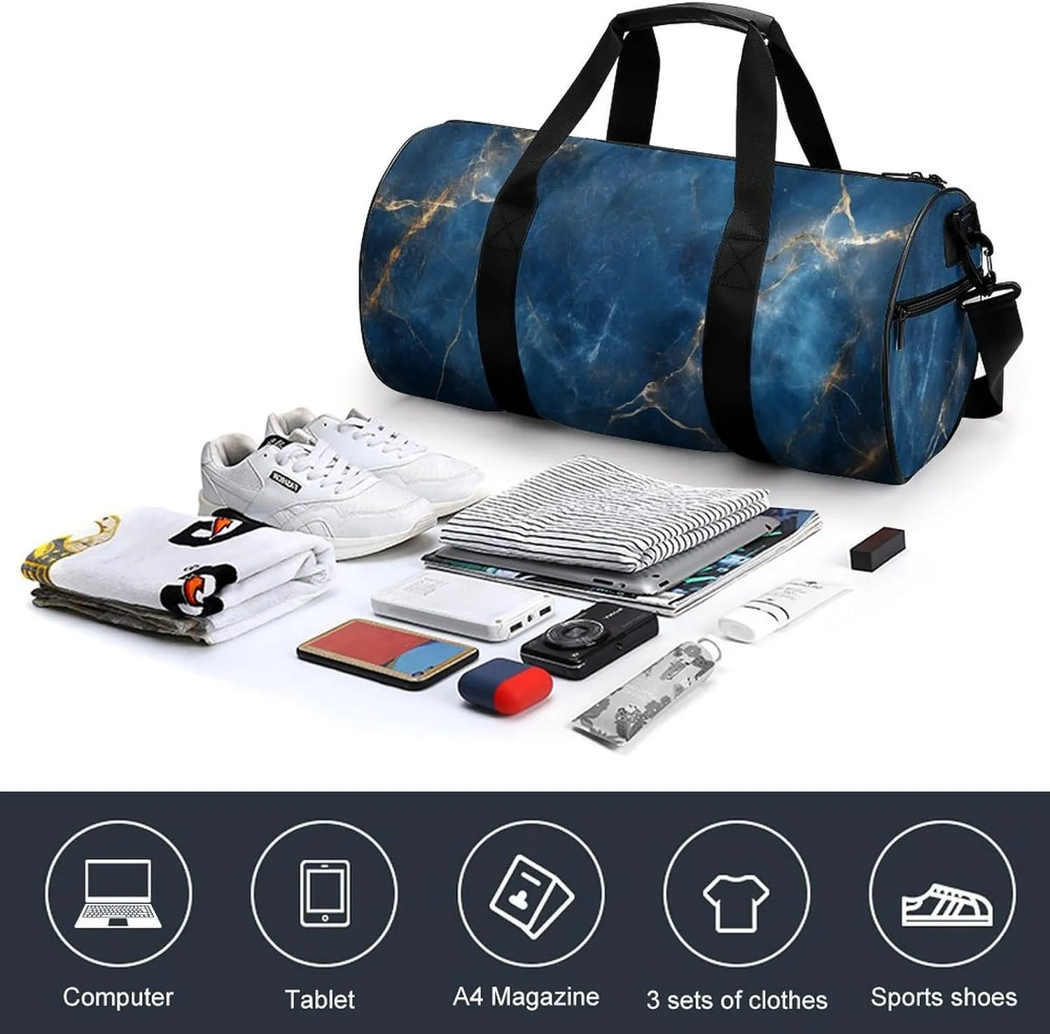 Elegant Blue Marble Textures Travel Gym Bag for Women Men Cylindrical Duffle Bag Sport Workout Bag with Shoulder Strap