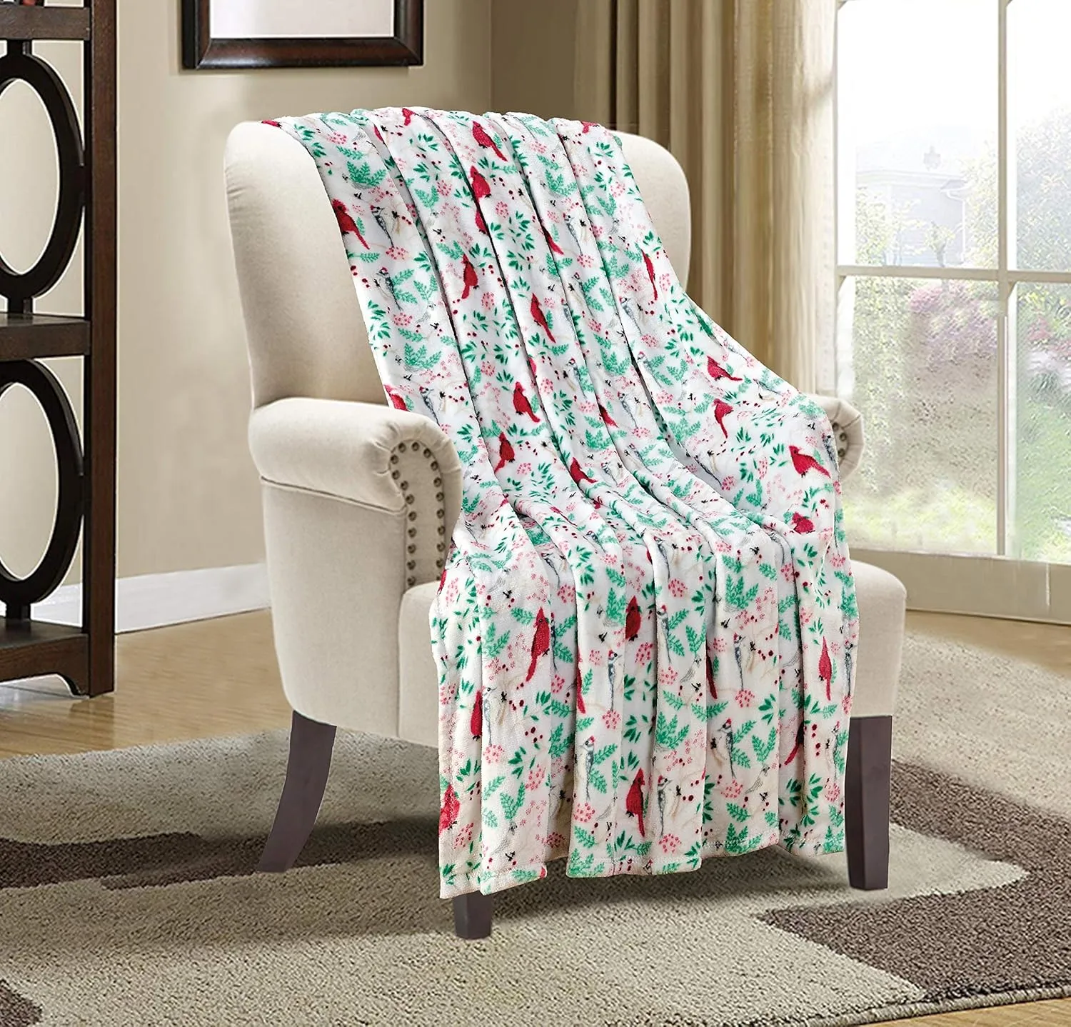 Elegant Comfort Luxury Velvet Super Soft Christmas Prints Fleece Blanket-Holiday Theme Home Décor Fuzzy Warm and Cozy Throws for Winter Bedding, Couch and Gift, 50 x 60 inch, Cardinal