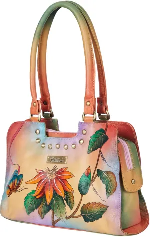 Elegant Hand-Painted Artistry and Amber Floral Design on a Leather Bag