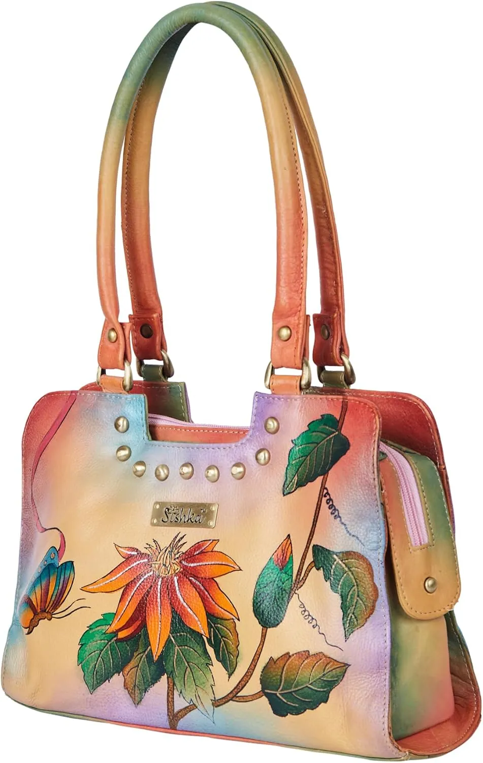 Elegant Hand-Painted Artistry and Amber Floral Design on a Leather Bag