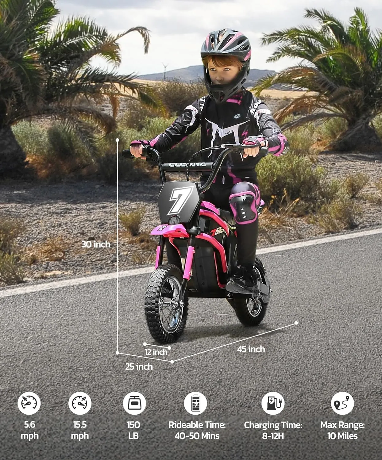 ELEMARA Electric Motorcycle for Kids, Dirt Bike Electric with Music & Bluetooth,350W Chain-Driven Motor,15.5 mph & 150lb Max,Twist-Grip Throttle & Hand-Operated Rear Brake,12" Air-Filled Tires-Pink