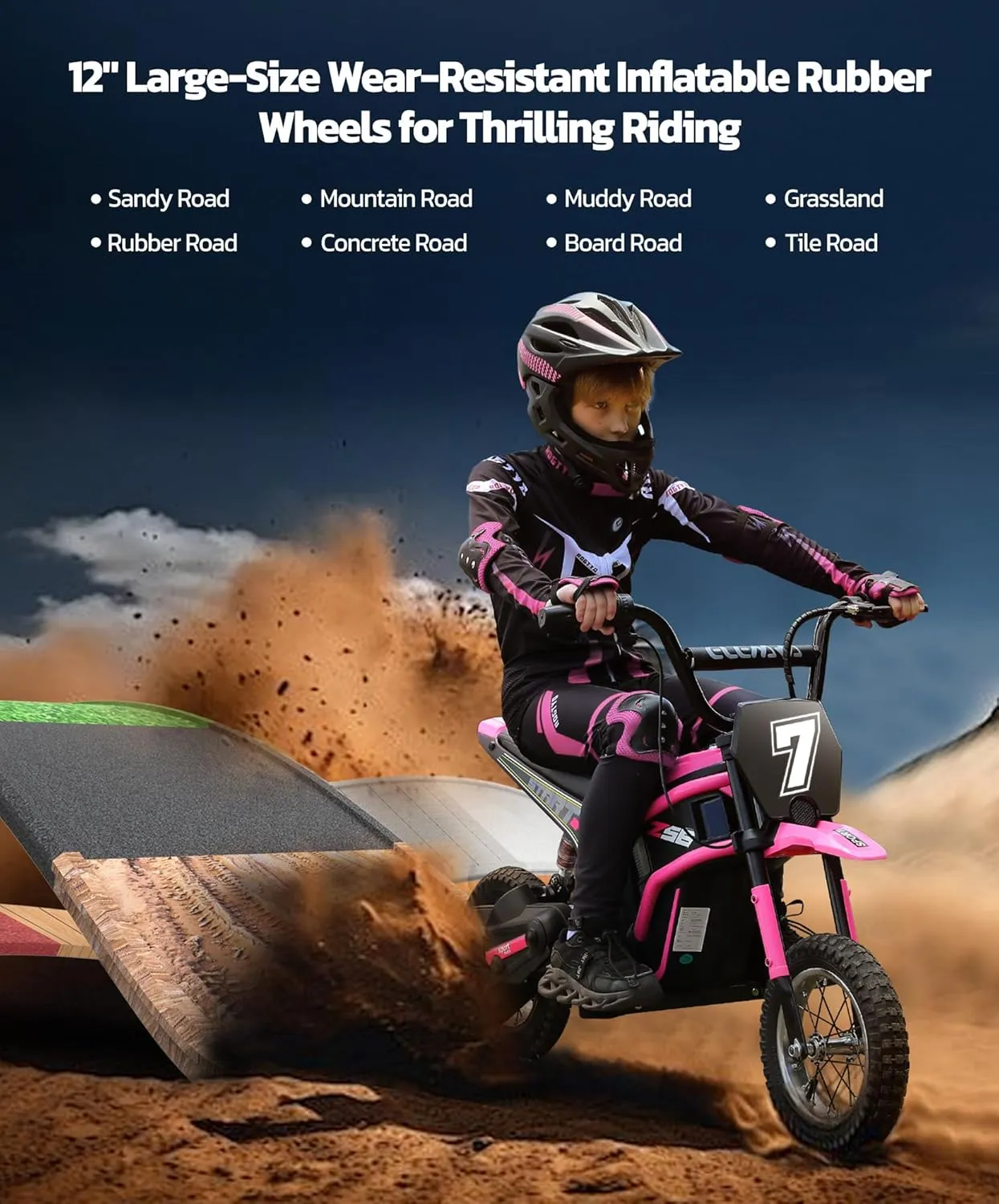 ELEMARA Electric Motorcycle for Kids, Dirt Bike Electric with Music & Bluetooth,350W Chain-Driven Motor,15.5 mph & 150lb Max,Twist-Grip Throttle & Hand-Operated Rear Brake,12" Air-Filled Tires-Pink