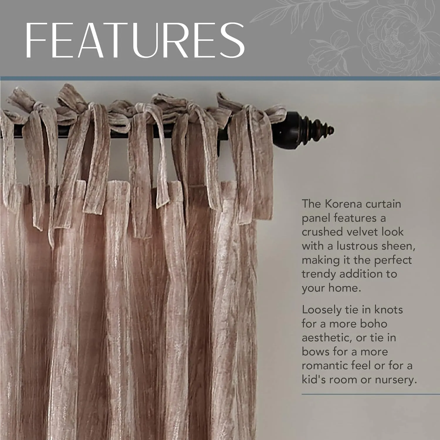 Elrene Home Fashions Korena Tie-Top Crushed Velvet Window Curtain Panel, Rustic-Chic Curtain Panel for Living Room or Bedroom, 52 Inches by 84 Inches, Taupe, 1 Panel