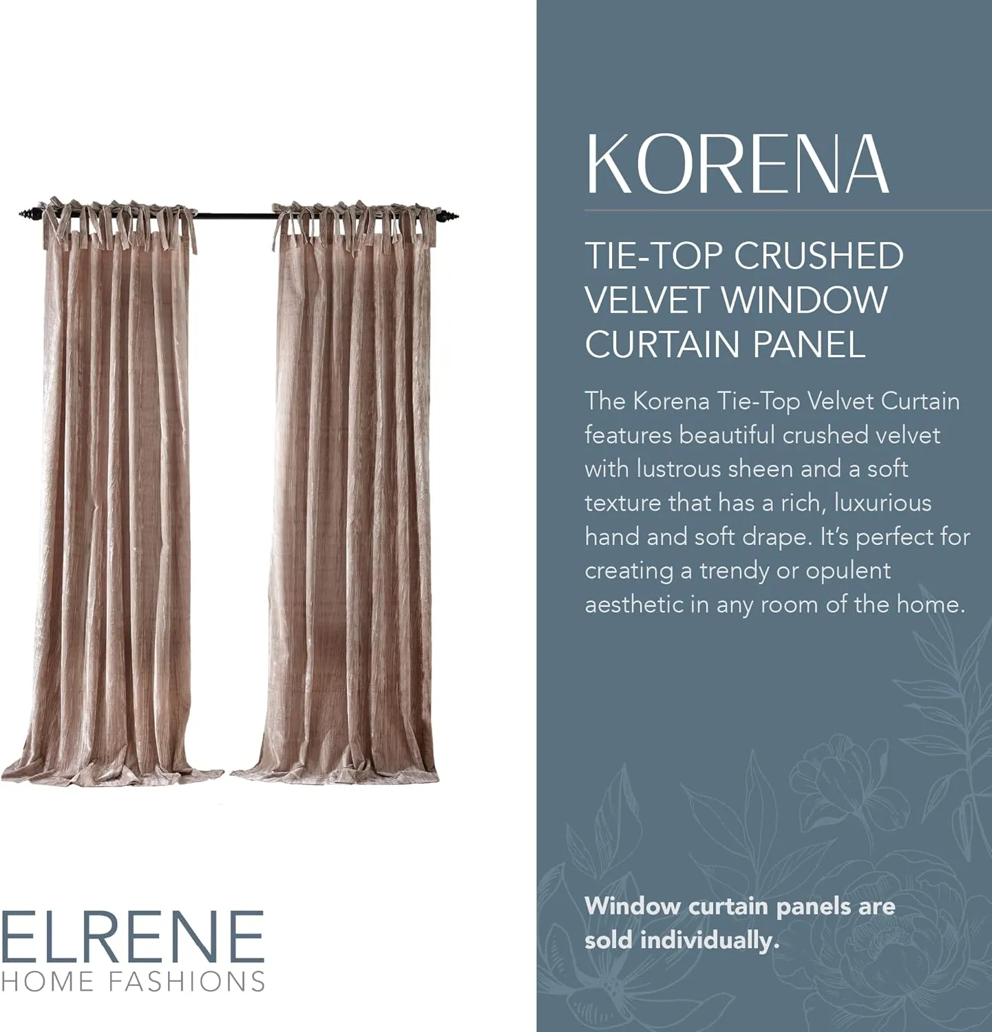 Elrene Home Fashions Korena Tie-Top Crushed Velvet Window Curtain Panel, Rustic-Chic Curtain Panel for Living Room or Bedroom, 52 Inches by 84 Inches, Taupe, 1 Panel