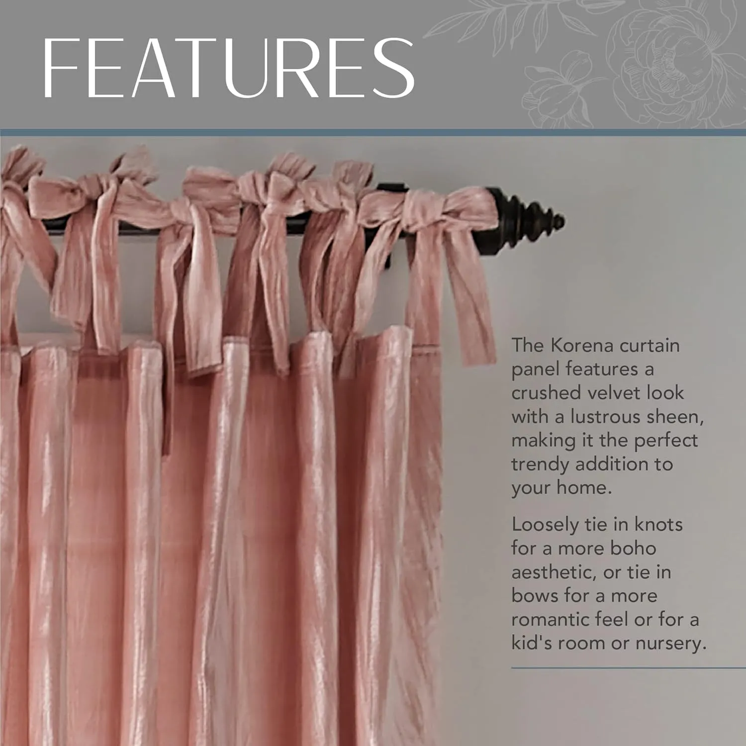 Elrene Home Fashions Korena Tie-Top Crushed Velvet Window Curtain Panel, Rustic-Chic Curtain Panel for Living Room or Bedroom, 52 Inches by 95 Inches, Blush, 1 Panel