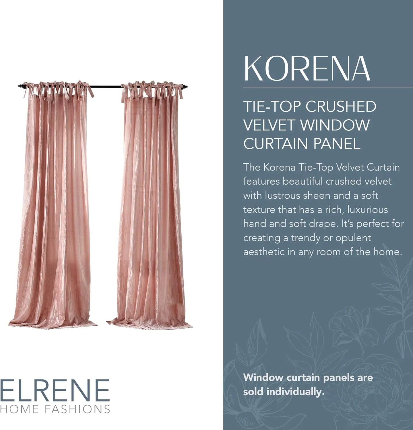 Elrene Home Fashions Korena Tie-Top Crushed Velvet Window Curtain Panel, Rustic-Chic Curtain Panel for Living Room or Bedroom, 52 Inches by 95 Inches, Blush, 1 Panel