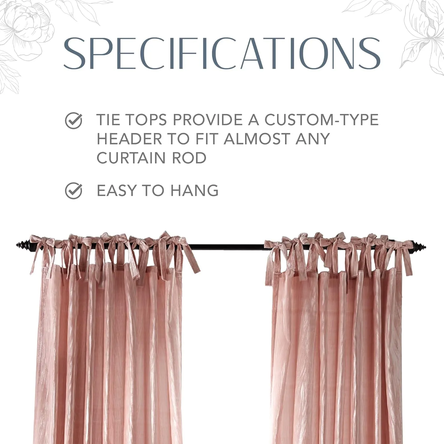 Elrene Home Fashions Korena Tie-Top Crushed Velvet Window Curtain Panel, Rustic-Chic Curtain Panel for Living Room or Bedroom, 52 Inches by 95 Inches, Blush, 1 Panel