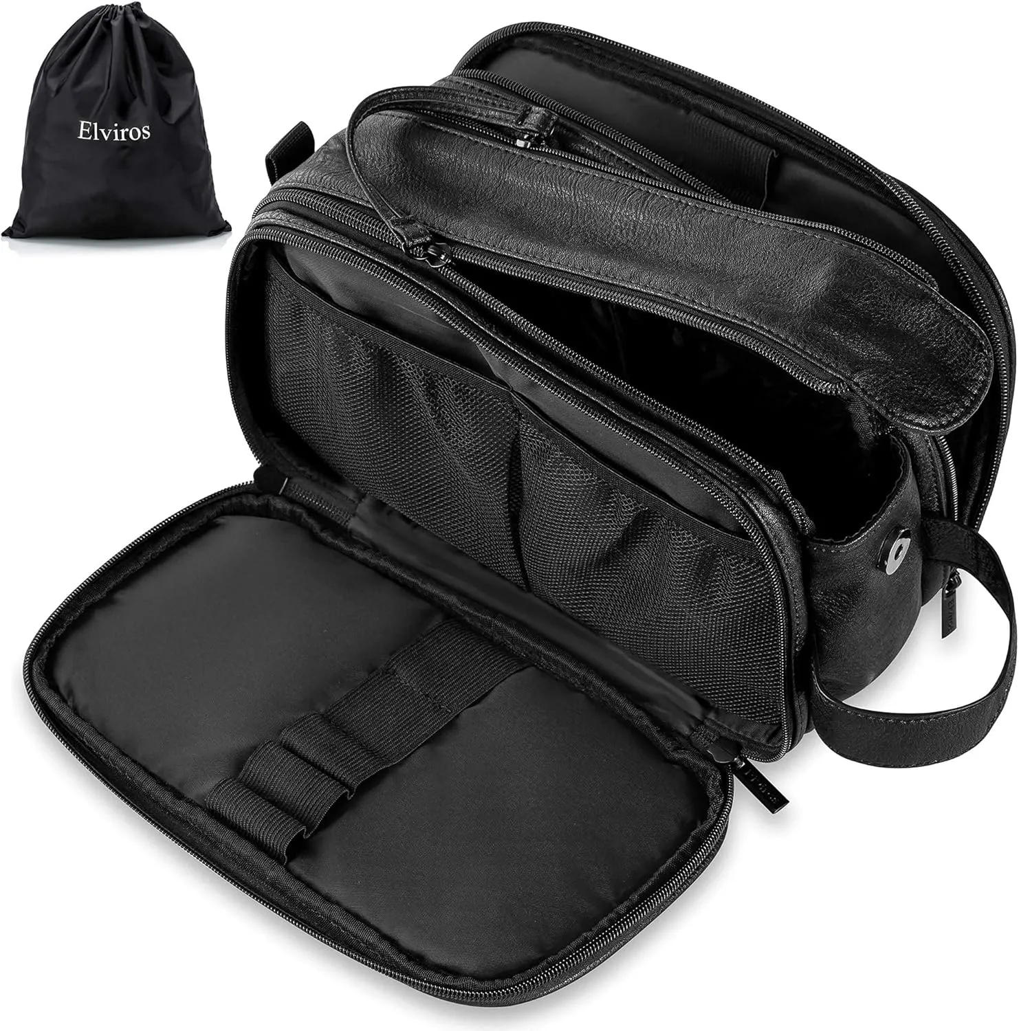 Elviros Toiletry Bag for Men, Large Travel Shaving Dopp Kit Water-resistant Bathroom Toiletries Organizer PU Leather Cosmetic Bags (Medium, Black)