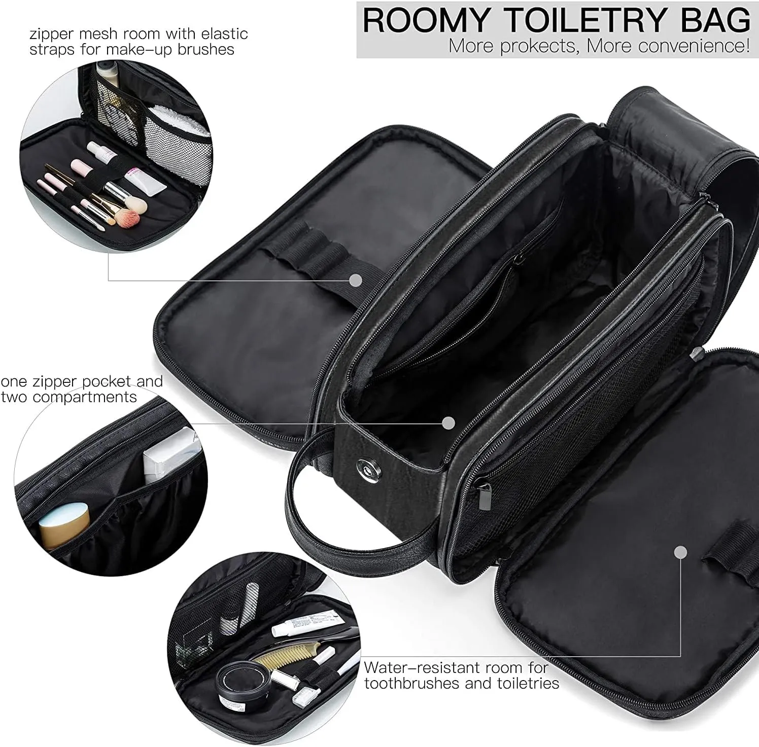 Elviros Toiletry Bag for Men, Large Travel Shaving Dopp Kit Water-resistant Bathroom Toiletries Organizer PU Leather Cosmetic Bags (Medium, Black)