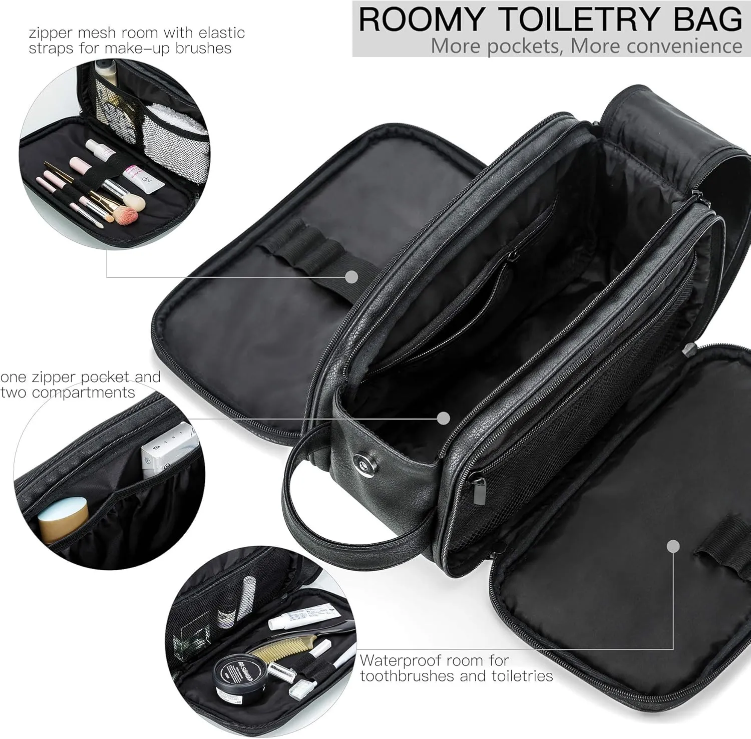 Elviros Toiletry Bag for Men, Large Travel Shaving Dopp Kit Water-resistant Bathroom Toiletries Organizer PU Leather Cosmetic Bags
