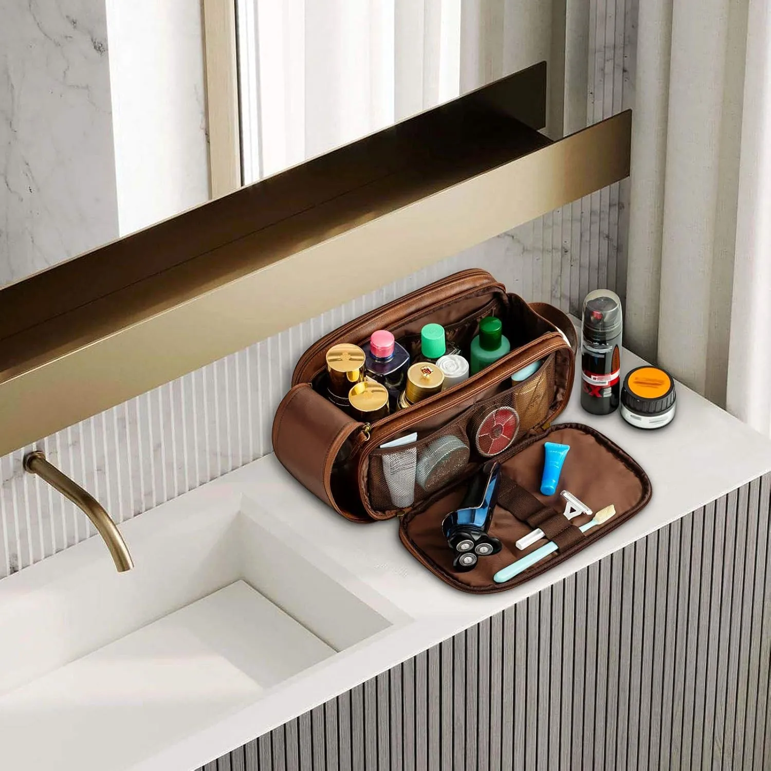 Elviros Travel Toiletry Bag for Men, Shaving Dopp Kit Water-resistant Bathroom Small Toiletries Organizer PU Leather Cosmetic Bags