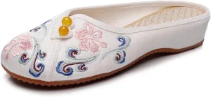 Embroidered Flower Women's Shoes Backless Mules Comfortable Flats Round Toe Loafers Chinese Style Canvas Slippers Cute Sandals