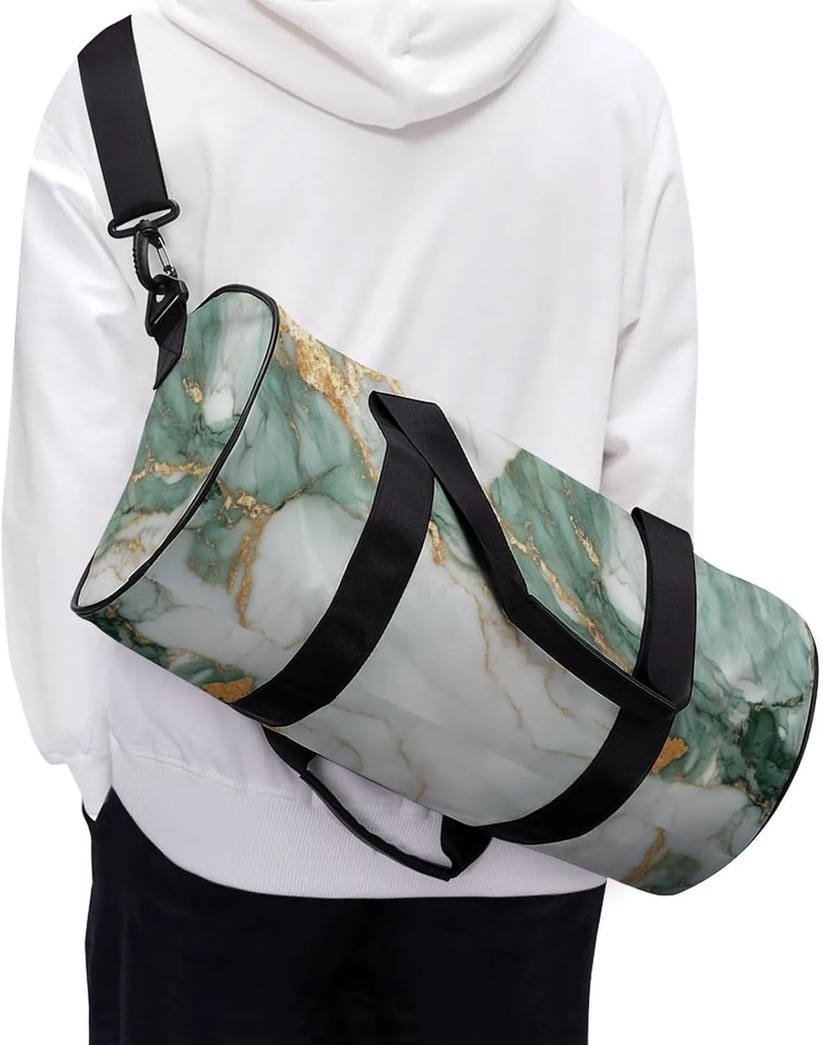 Emerald And Gold Marble Texture Travel Gym Bag for Women Men Cylindrical Duffle Bag Sport Workout Bag with Shoulder Strap