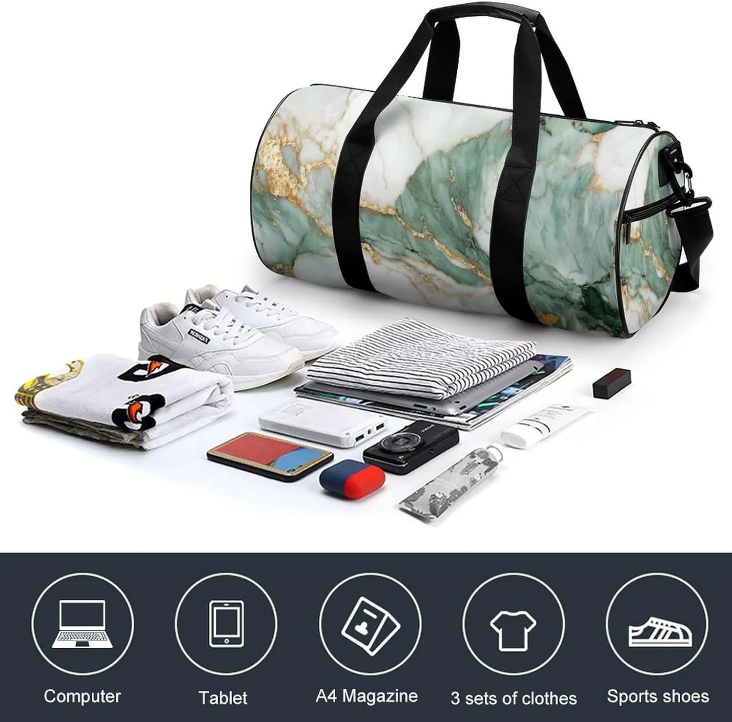 Emerald And Gold Marble Texture Travel Gym Bag for Women Men Cylindrical Duffle Bag Sport Workout Bag with Shoulder Strap
