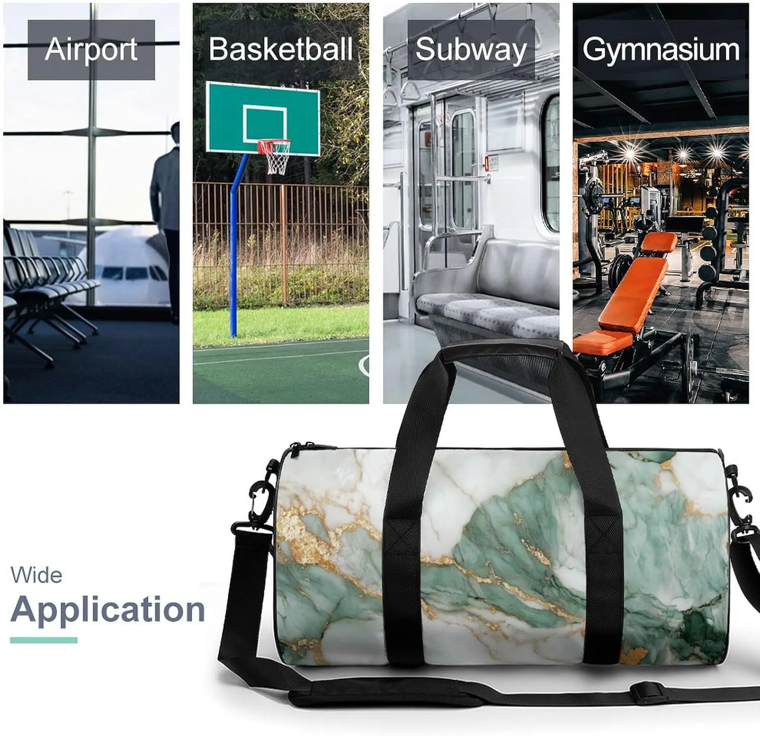 Emerald And Gold Marble Texture Travel Gym Bag for Women Men Cylindrical Duffle Bag Sport Workout Bag with Shoulder Strap