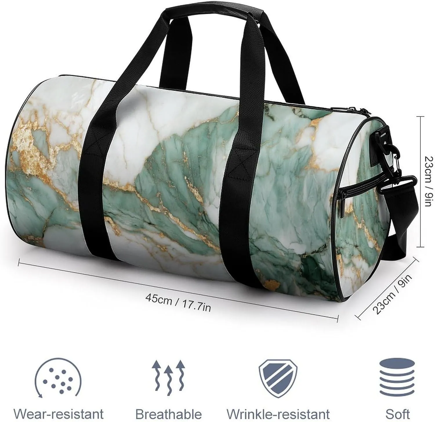 Emerald And Gold Marble Texture Travel Gym Bag for Women Men Cylindrical Duffle Bag Sport Workout Bag with Shoulder Strap