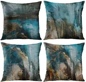 Emvency Set of 4 Throw Pillow Covers Modern Abstract Messy Teal Turquoise Black and Brown Retro Painting Decorative Pillow Cases Home Decor Standard Square 16x16 Inches Pillowcases