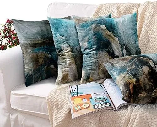 Emvency Set of 4 Throw Pillow Covers Modern Abstract Messy Teal Turquoise Black and Brown Retro Painting Decorative Pillow Cases Home Decor Standard Square 16x16 Inches Pillowcases