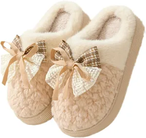 Epsion Womens Faux Fur Slippers Memory Foam Slippers Fuzzy Plush Comfy Slippers Butterfly Tie Indoor Outdoor Anti-Skid House Shoes