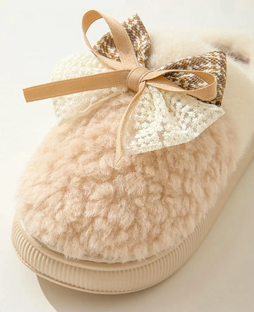 Epsion Womens Faux Fur Slippers Memory Foam Slippers Fuzzy Plush Comfy Slippers Butterfly Tie Indoor Outdoor Anti-Skid House Shoes