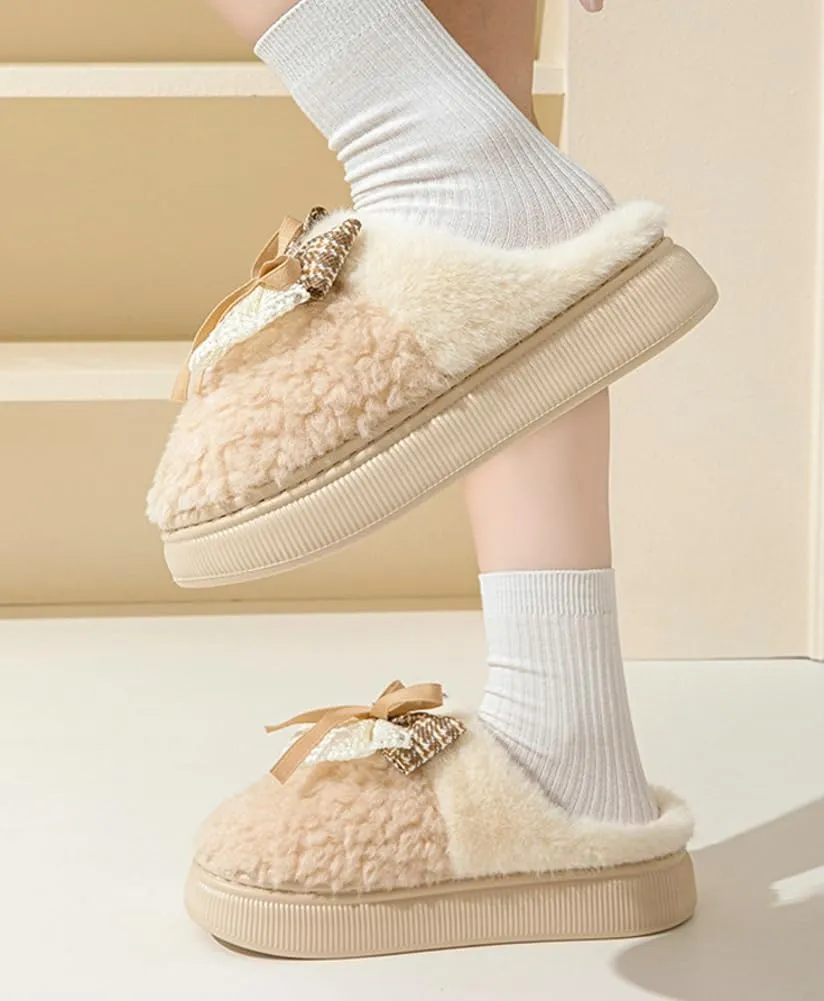 Epsion Womens Faux Fur Slippers Memory Foam Slippers Fuzzy Plush Comfy Slippers Butterfly Tie Indoor Outdoor Anti-Skid House Shoes