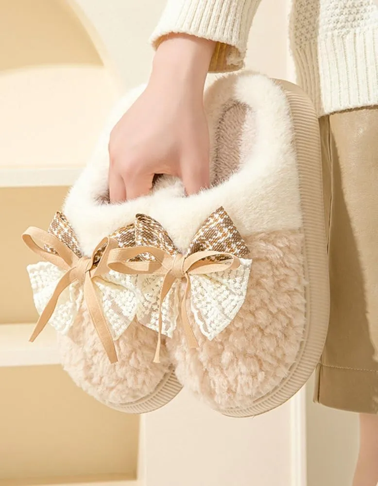 Epsion Womens Faux Fur Slippers Memory Foam Slippers Fuzzy Plush Comfy Slippers Butterfly Tie Indoor Outdoor Anti-Skid House Shoes