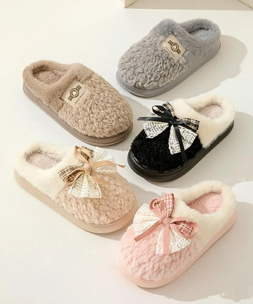 Epsion Womens Faux Fur Slippers Memory Foam Slippers Fuzzy Plush Comfy Slippers Butterfly Tie Indoor Outdoor Anti-Skid House Shoes