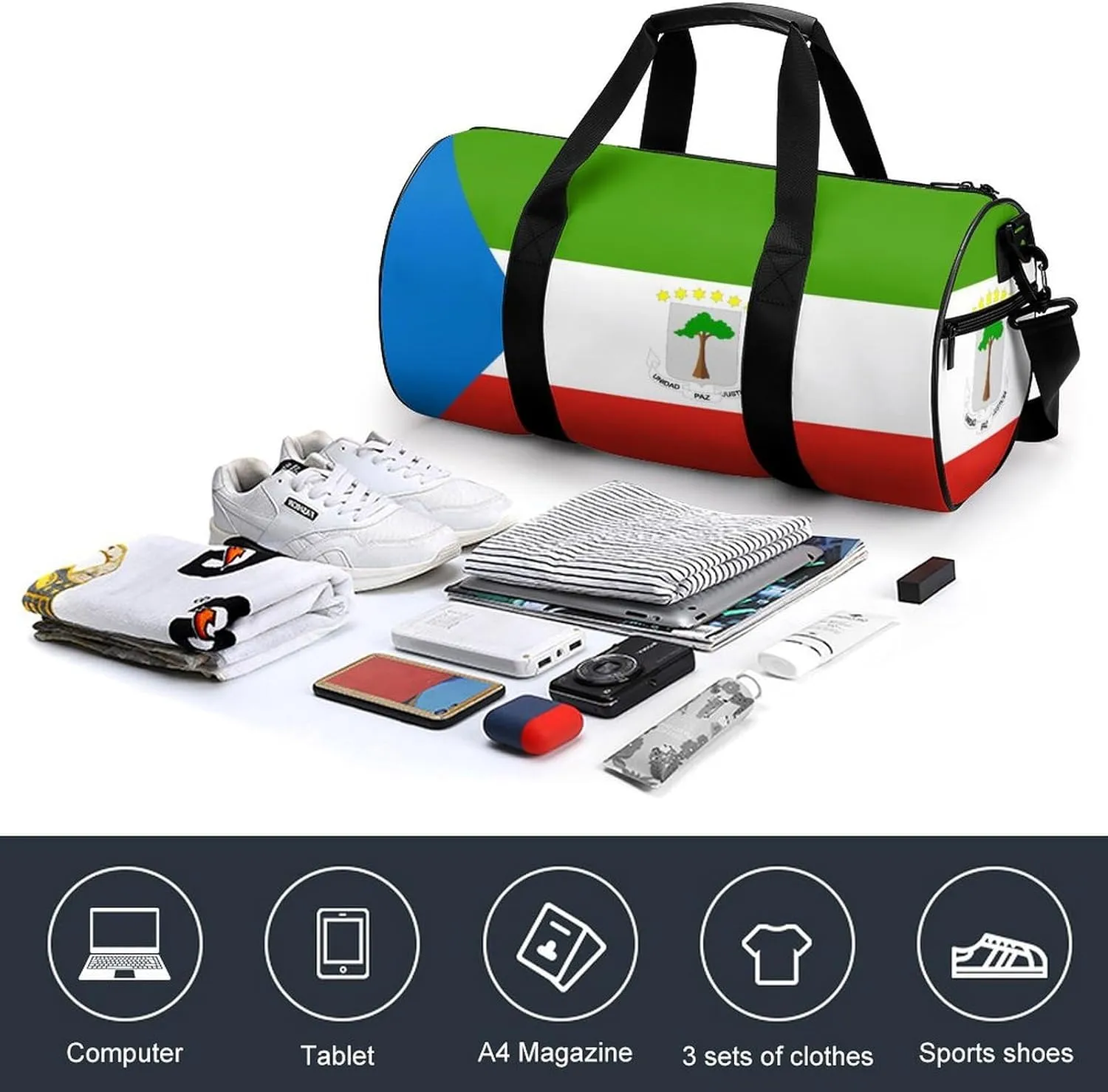 Equatorial Guinea Flag Gym Bag for Girls Boys Sports Duffel with Wet Pocket Travel Weekender