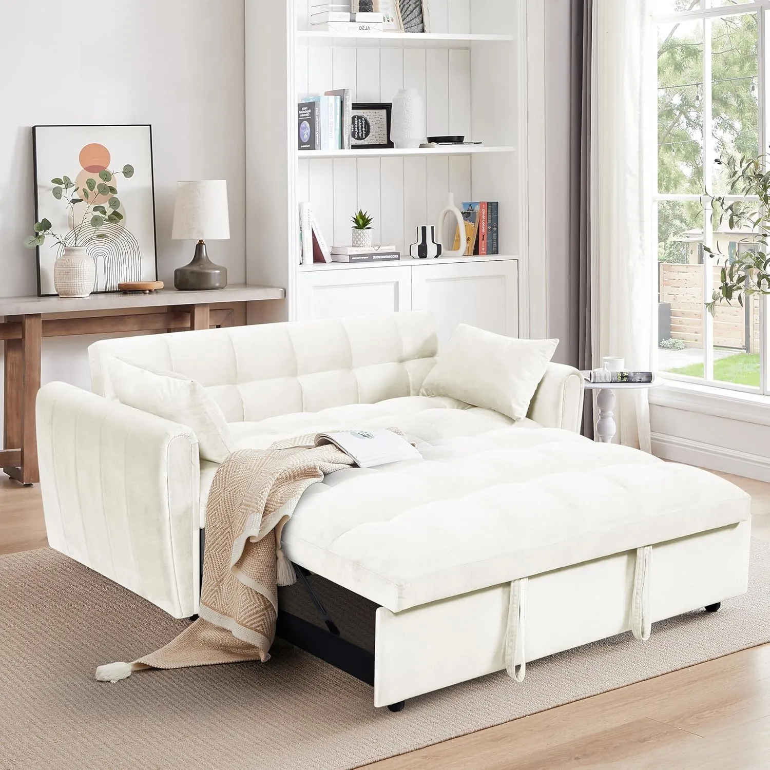 ERYE Oversized Loveseat Sofa Convertible Sleeper Sofabed Modern 3 in 1 Queen Convertible Sleeper Bed with Pull Out Sleep Couch Bed and 2 Pillows for Living Room Home Bedroom, Apartment, RV