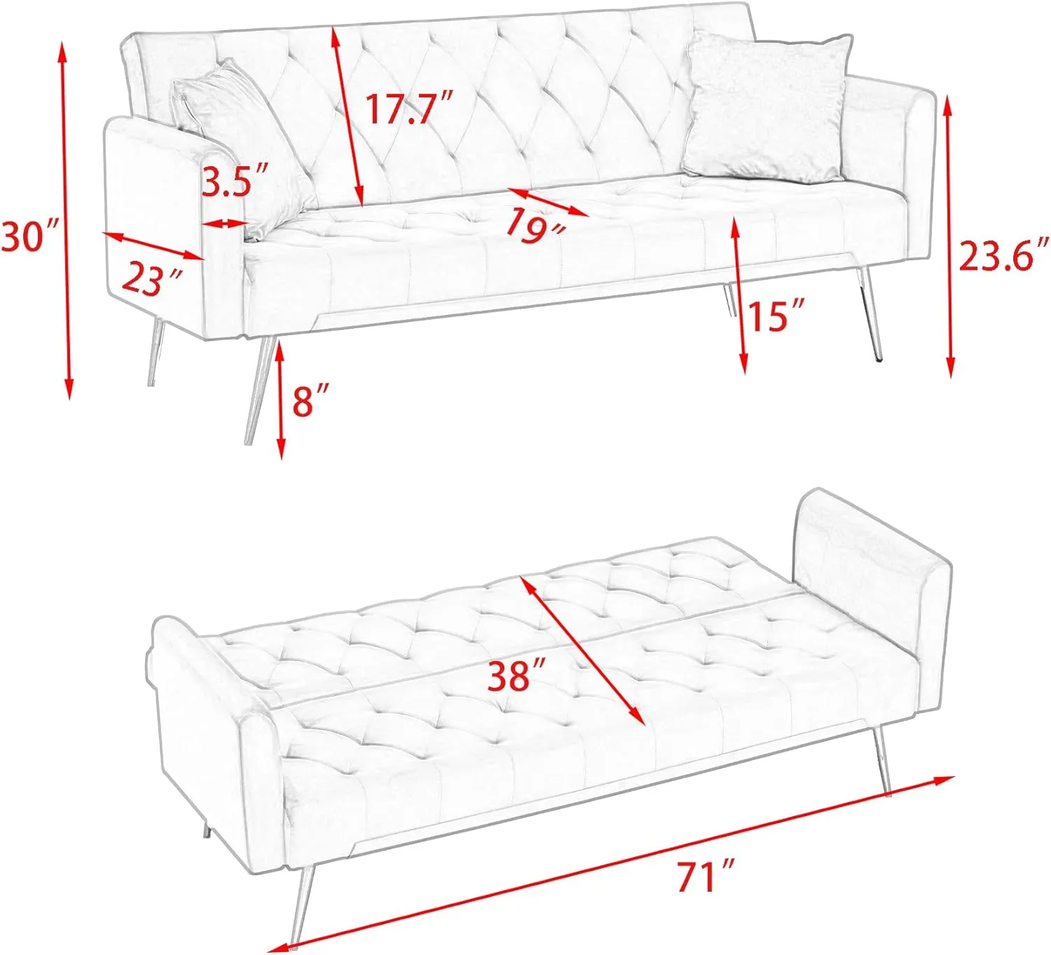 ERYE Tufted Futon Sofa Daybed 3 in 1 Modern Convertible Futon Sofabed,Soft Velvet Upholstered Loveseat Sofa Couch Living Room Nap Sleeper Couch Bed for Home Office Apartment