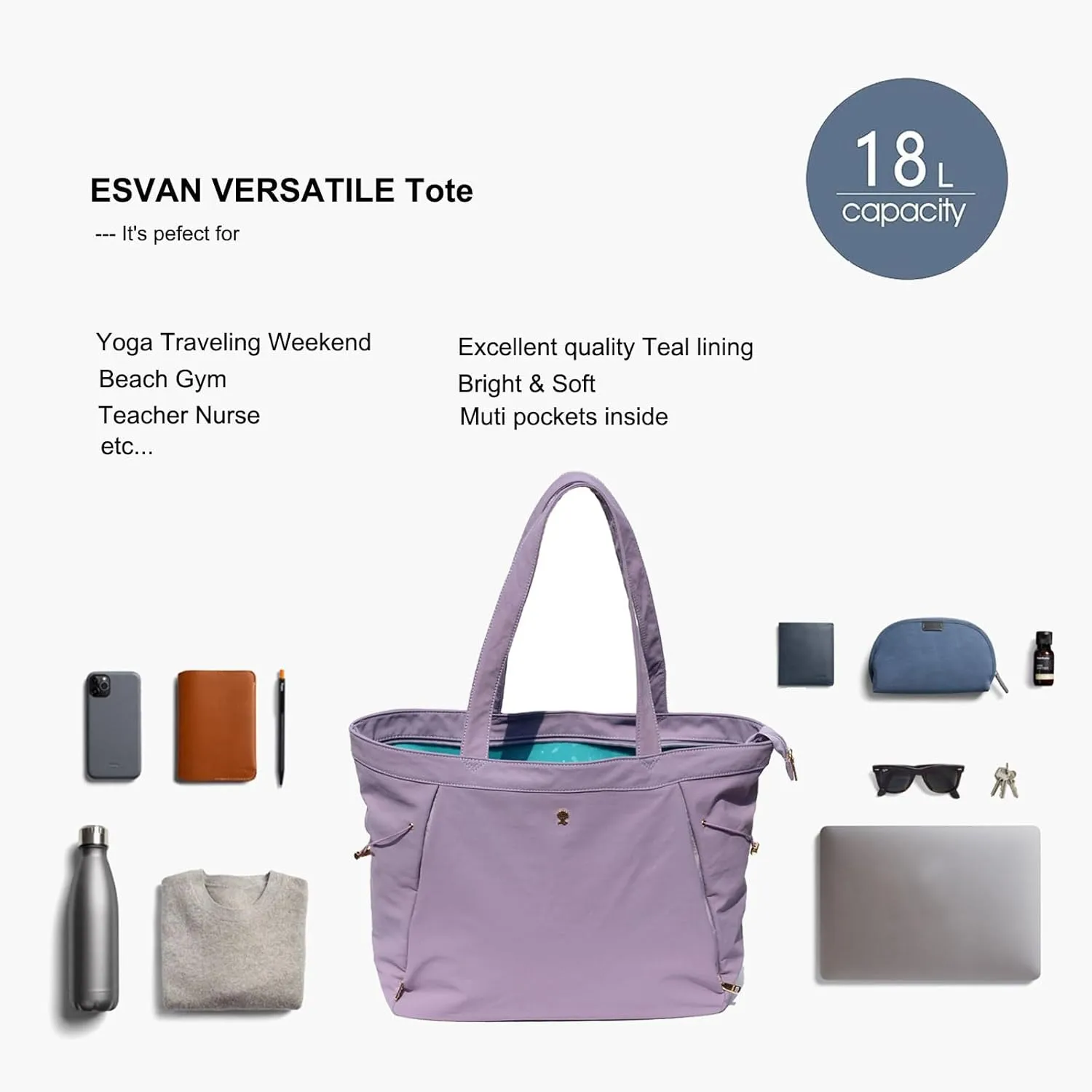 ESVAN Yoga Tote Bag for Women Shoulder Bags Drawstring for Office Workout Travel Carryall Pilates Gym and Beach