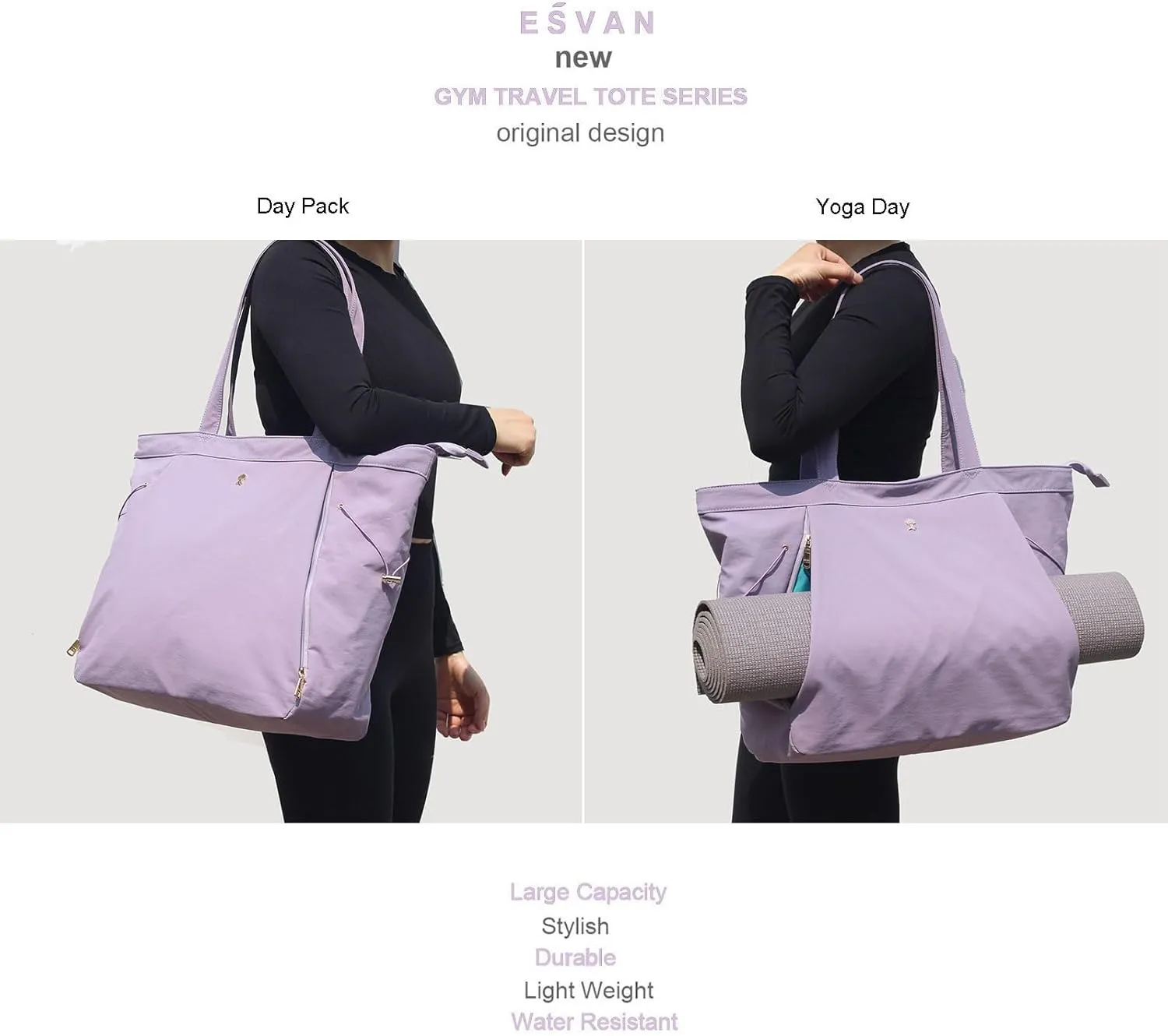 ESVAN Yoga Tote Bag for Women Shoulder Bags Drawstring for Office Workout Travel Carryall Pilates Gym and Beach