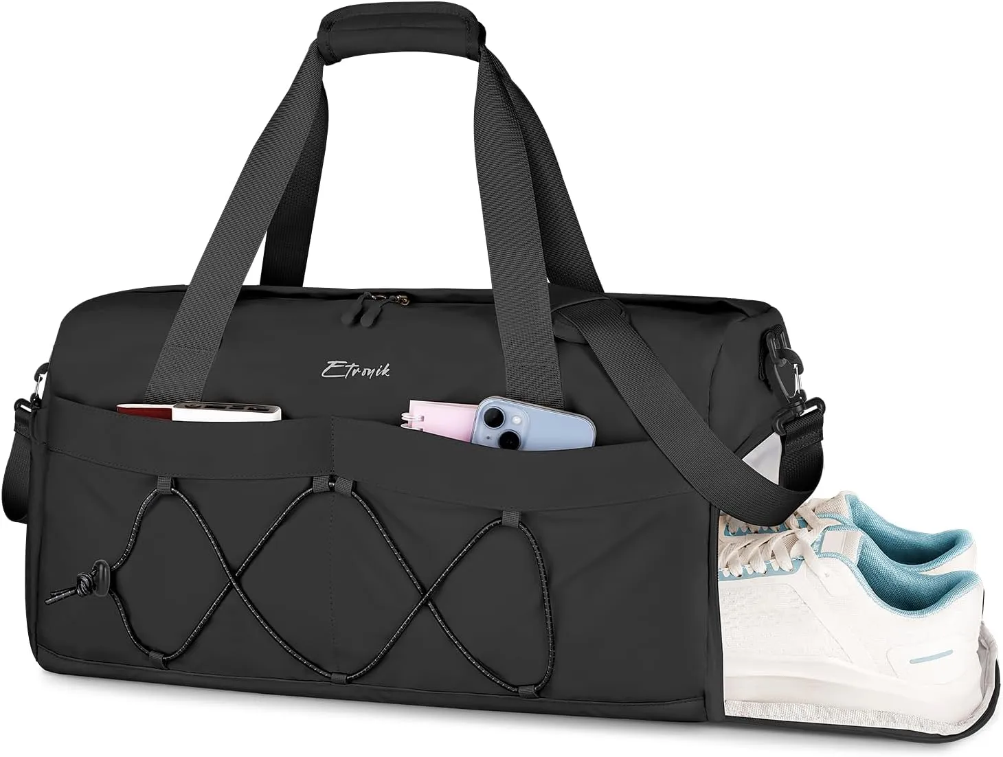 ETRONIK Gym Bag for Women, Travel Duffle Bag with Shoe Compartment & Wet Pocket, Carry On Weekender Overnight Tote Bag for Women Men, Travel, Workout, Yoga, Swimming, Black