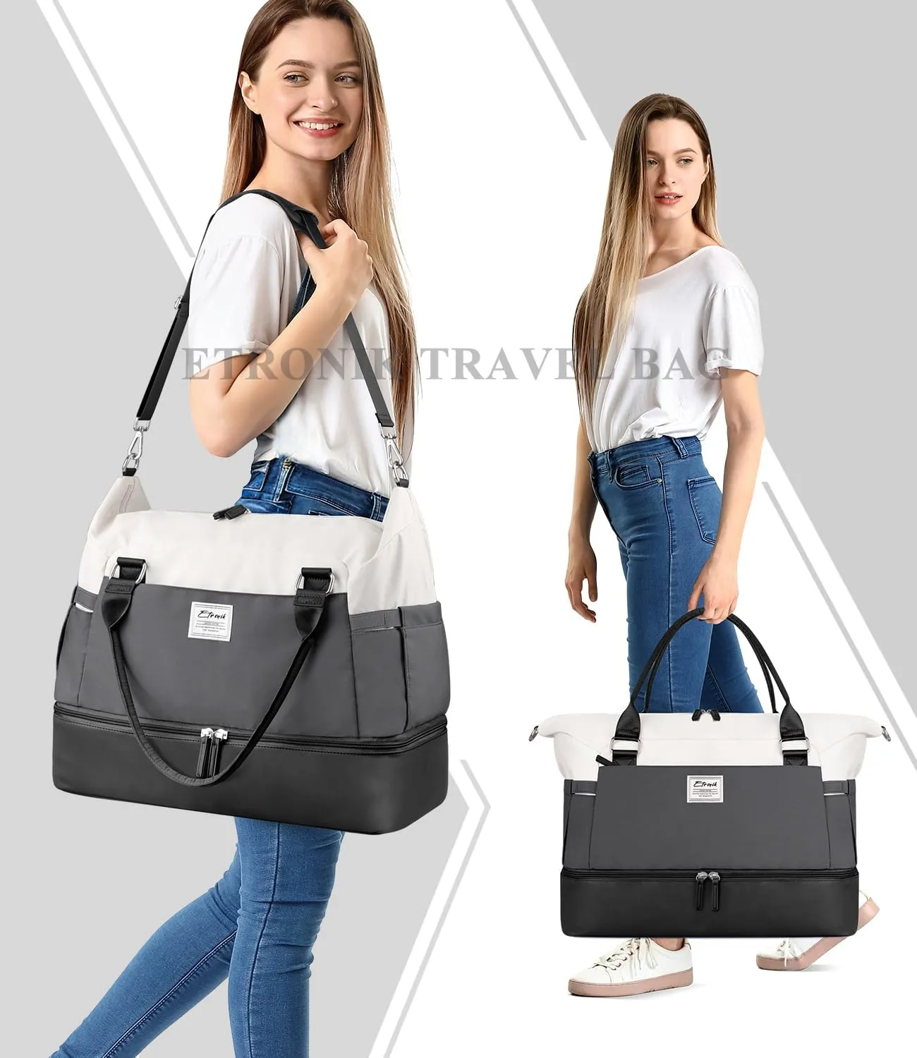 ETRONIK Weekender Bags for Women, Carry On Overnight Bag with Shoe Compartment, Travel Duffel Bag with Wet Pocket, Mom Hospital Bags for Labor and Delivery Black&Grey, Large Size