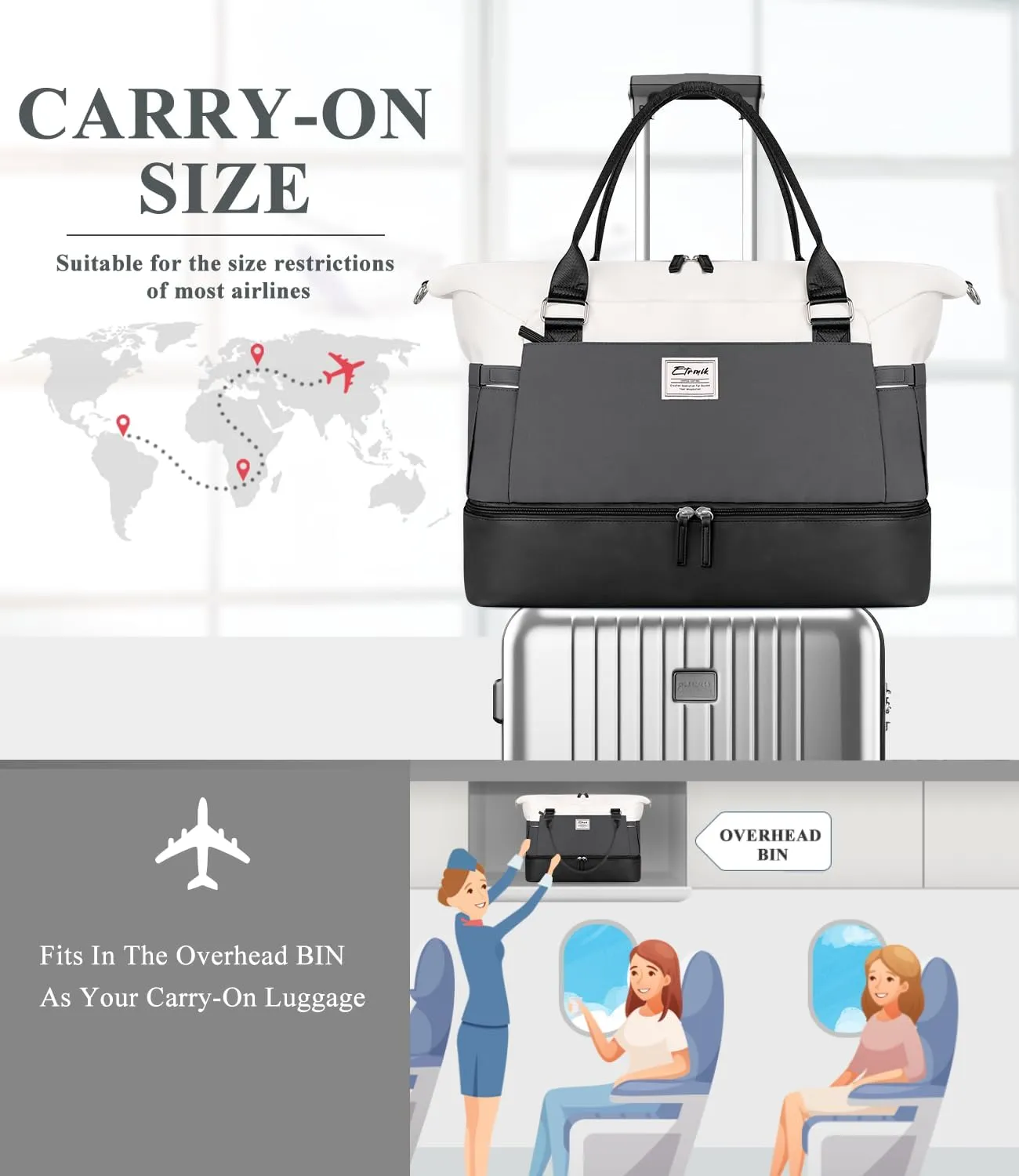 ETRONIK Weekender Bags for Women, Carry On Overnight Bag with Shoe Compartment, Travel Duffel Bag with Wet Pocket, Mom Hospital Bags for Labor and Delivery Black&Grey, Large Size