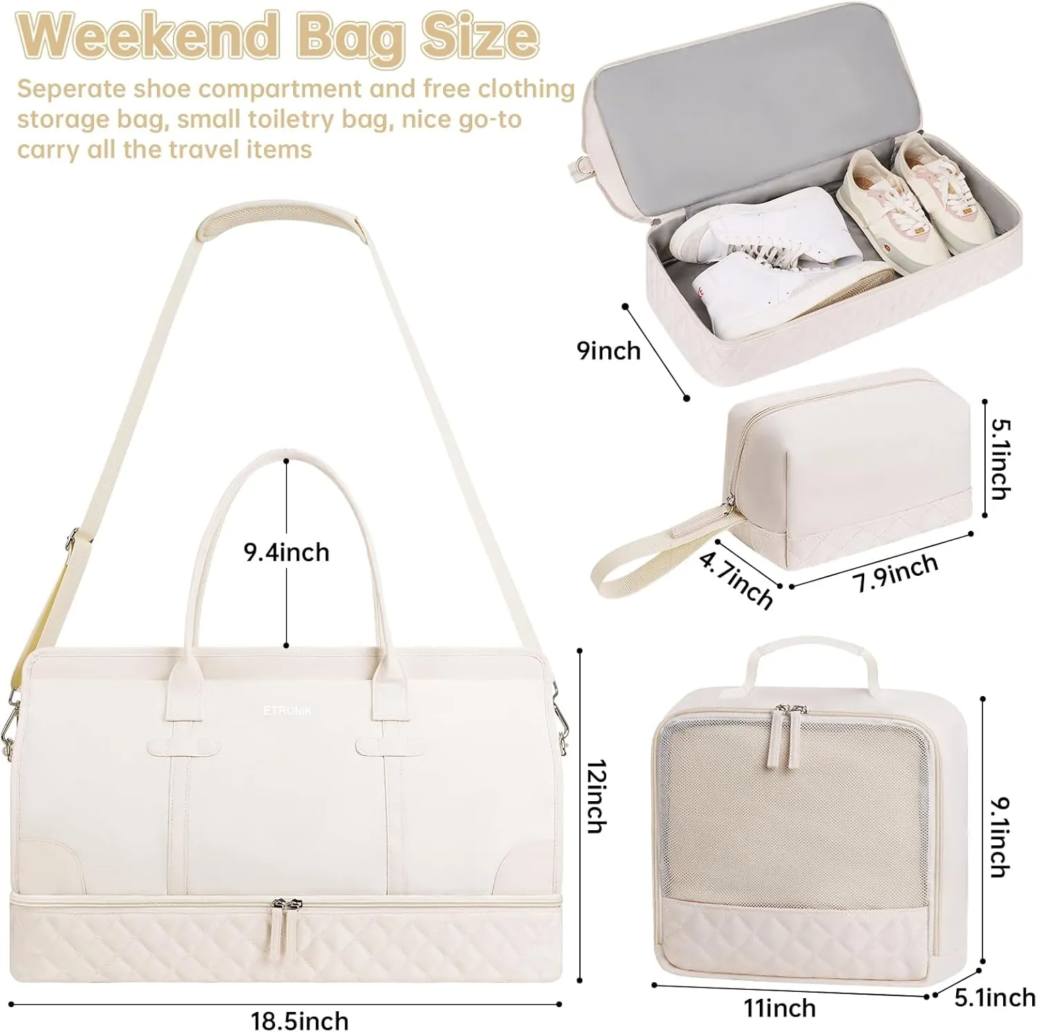 ETRONIK Weekender Overnight Bags for Women, Large Travel Duffle Bags with Shoe Compartment & Wet Pocket, Carry On Tote Bag Gym Duffel Bag with Toiletry Bags for Hospital 3 Pcs Set, Large Size, Beige