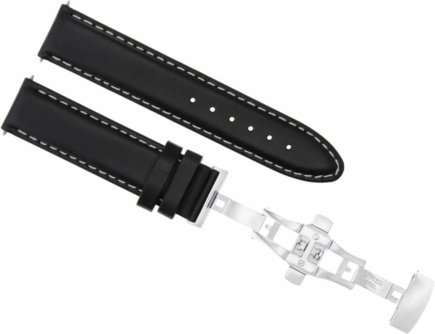 Ewatchparts 18mm Leather Watch Band Strap Smooth Deployment Clasp Compatible With Ulysse Nardin Black With White Stitching #2