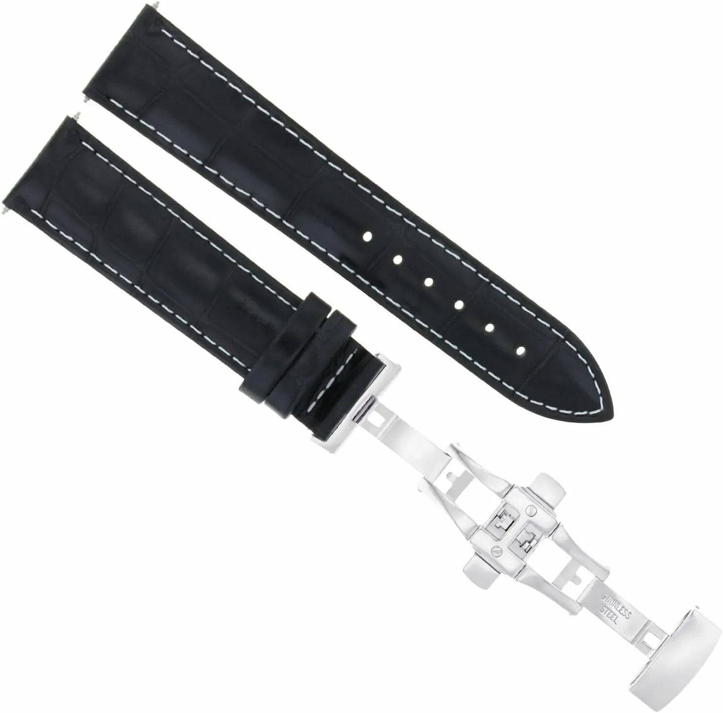 Ewatchparts 20mm Leather Watch Band Strap Butterfly Clasp Compatible With Jaeger Lecoultre Black With White Stitching