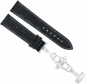 Ewatchparts 20mm Leather Watch Band Strap Butterfly Clasp Compatible With Jaeger Lecoultre Black With White Stitching