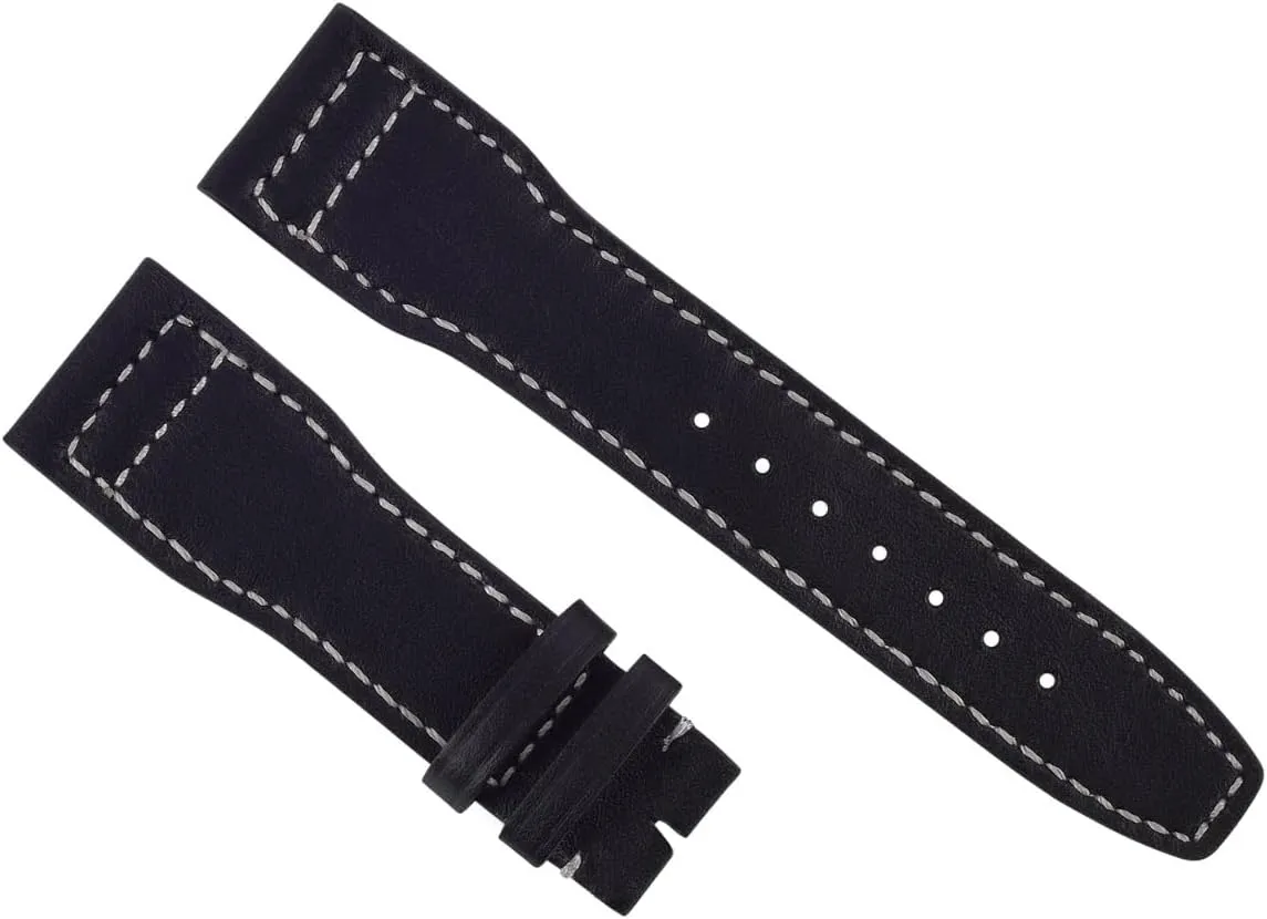 Ewatchparts 21mm Calf Leather Strap Watch Band Compatible With IWC Portuguese Pilot Top Gun Black With White Stitching