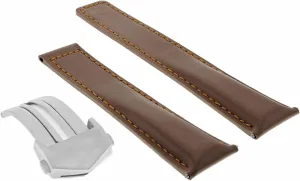 Ewatchparts 22mm Leather Watch Band Strap Deployment Clasp Compatible With Tag Heuer Monaco Watch Tan With White Stitching