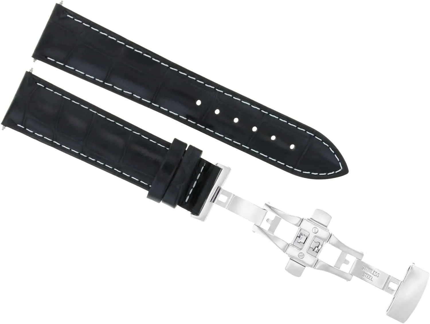 Ewatchparts 22mm Leather Watch Band Strap Deployment Clasp Compatible With Ulysse Nardin Watch Black With White Stitching
