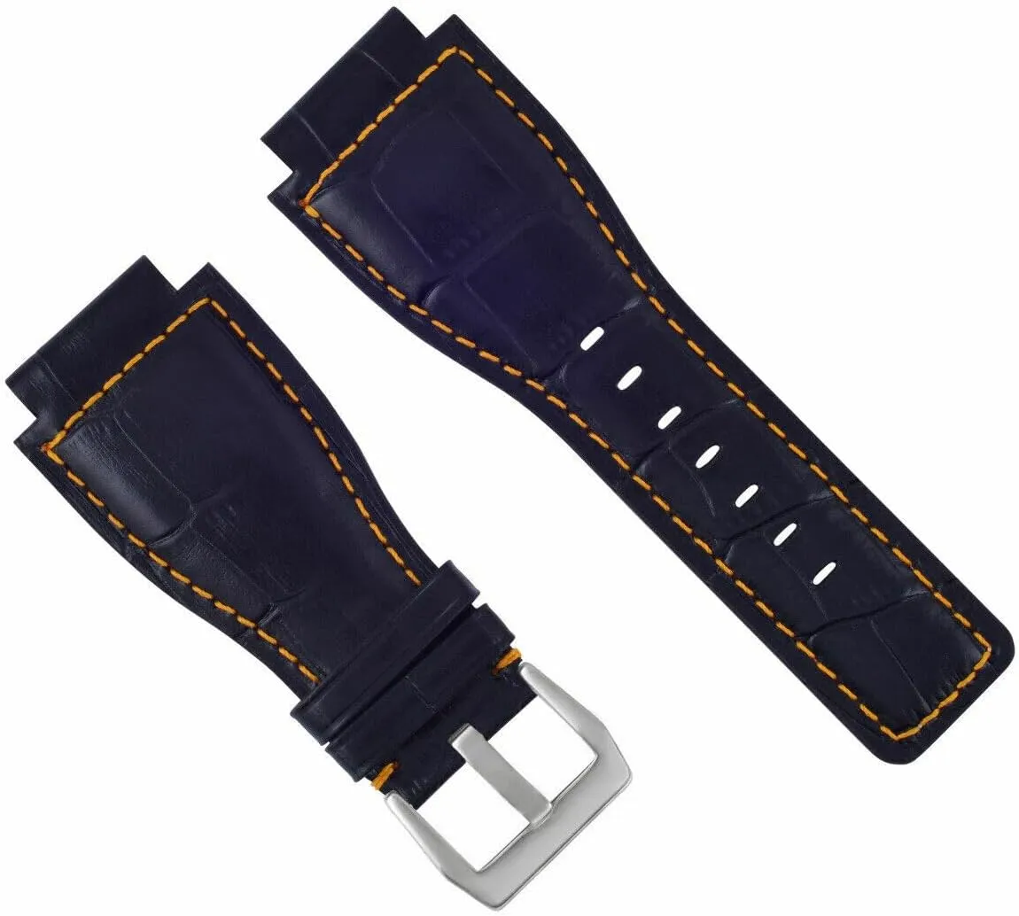 Ewatchparts 24mm Leather Watch Band Strap Compatible With Bell & Ross BR-01-BR-03 Watch Blue With Orange Stitching