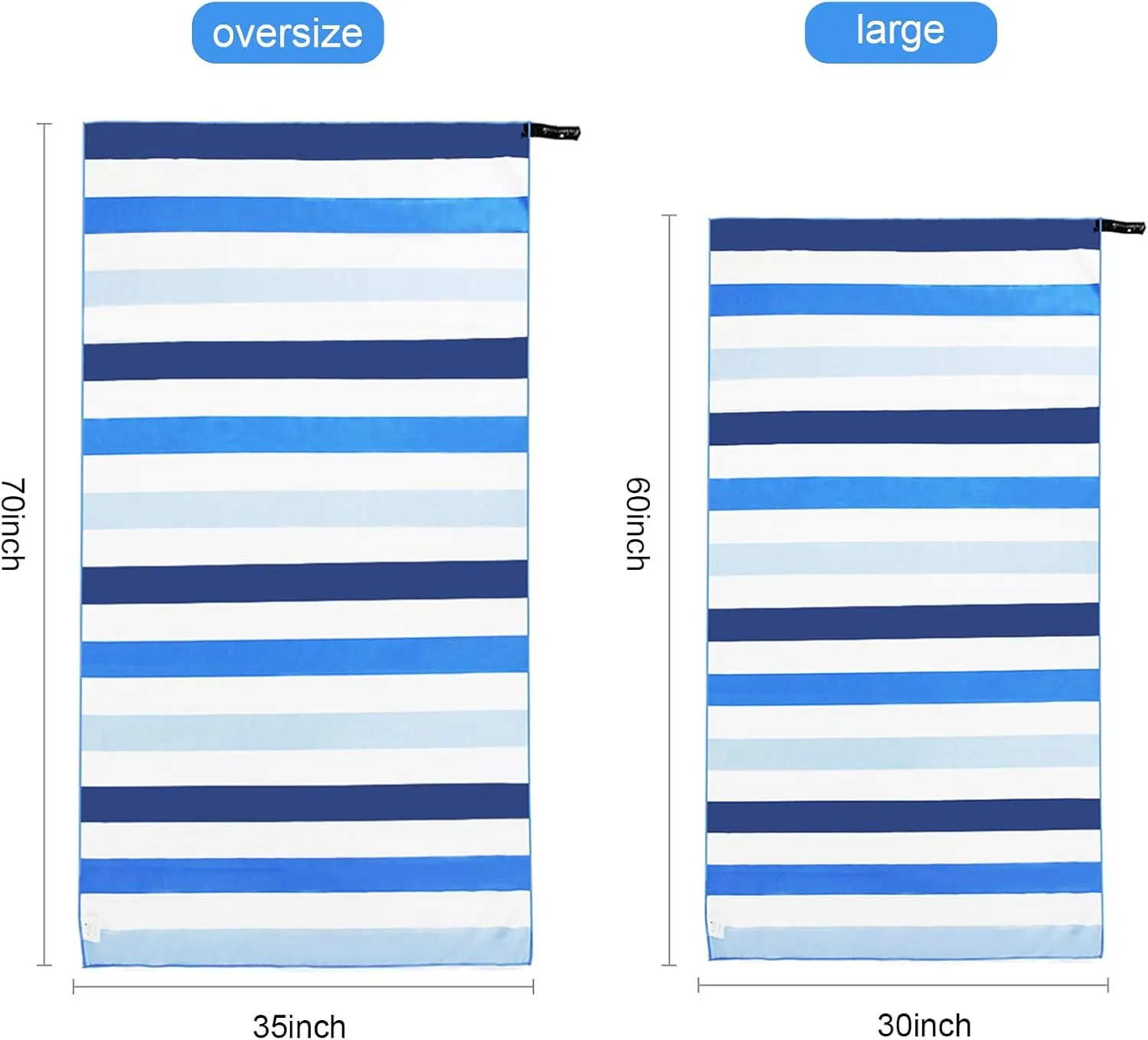 Exclusivo Mezcla 2 Pack Oversized Quick Dry Beach Towels, Microfiber Sand Free Cabana Stripe Pool Bath Swim Towel with Bag, Lightweight and Thin (Blue and Navy, 35x70 Inches)